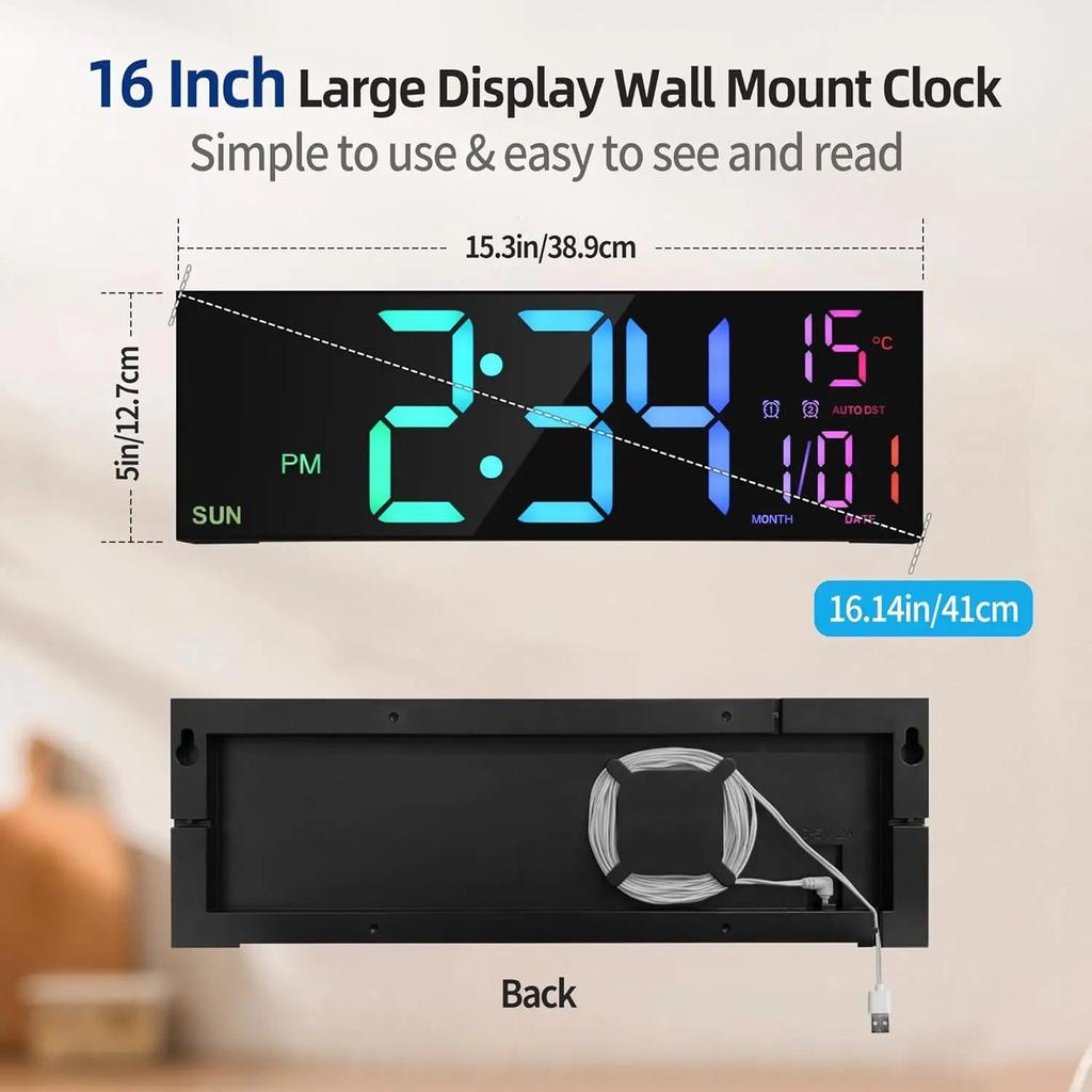 16.2" Large Digital Wall Clock with Remote & RGB LED by HitMyNeed
