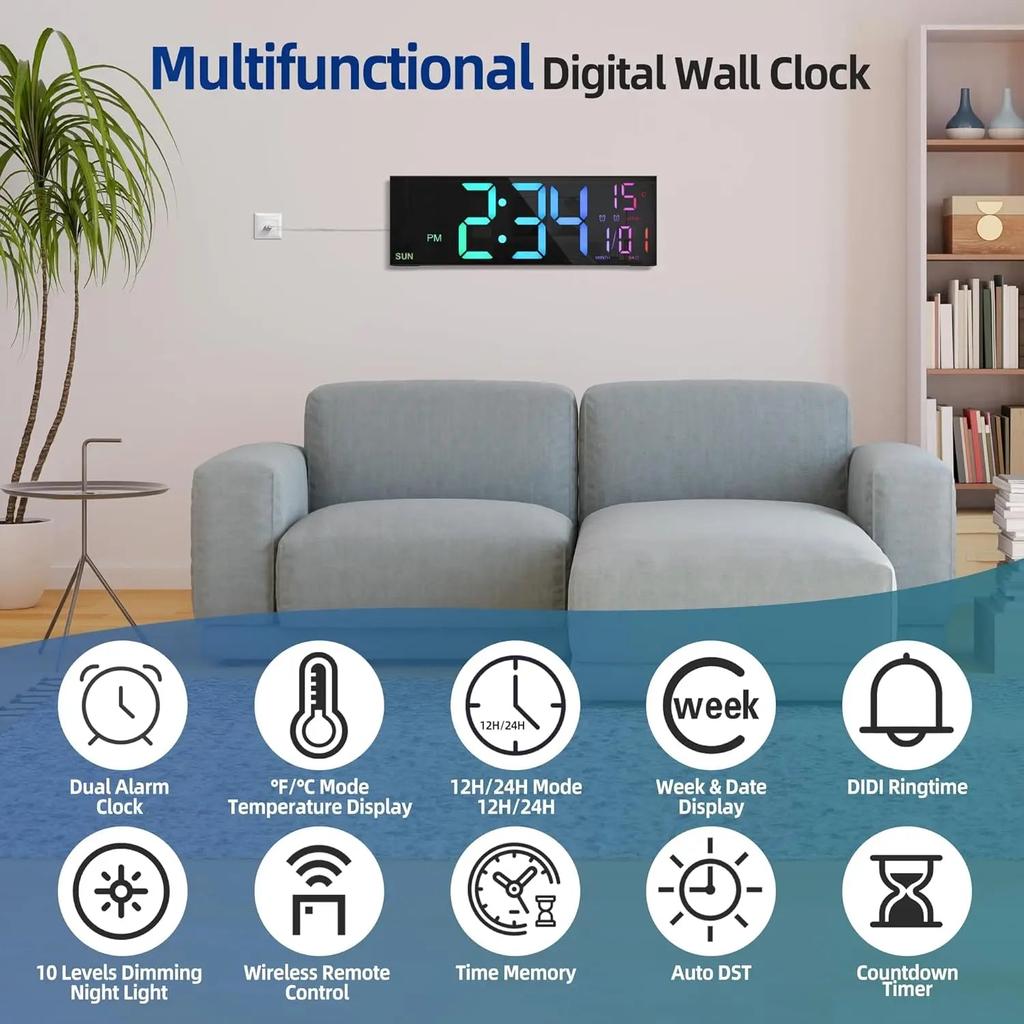 16.2" Large Digital Wall Clock with Remote & RGB LED by HitMyNeed