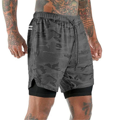 2-in-1 Double Layer Running & Training Shorts gray-camouflage l60-75kg by HitMyNeed