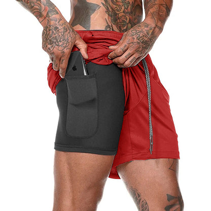 2-in-1 Double Layer Running & Training Shorts red l60-75kg by HitMyNeed