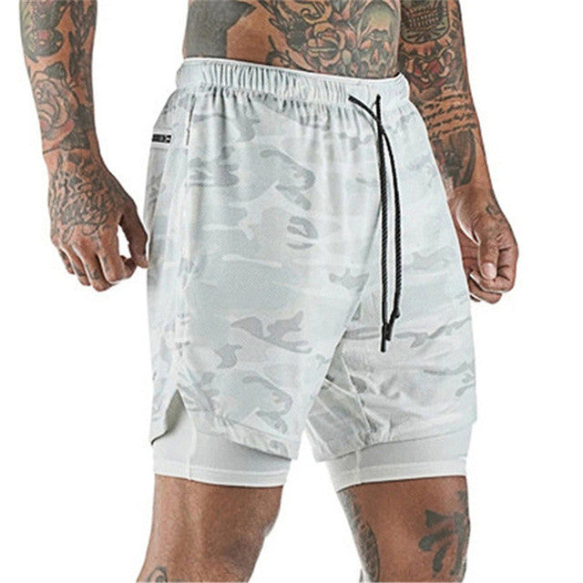 2-in-1 Double Layer Running & Training Shorts white-camouflage l60-75kg by HitMyNeed