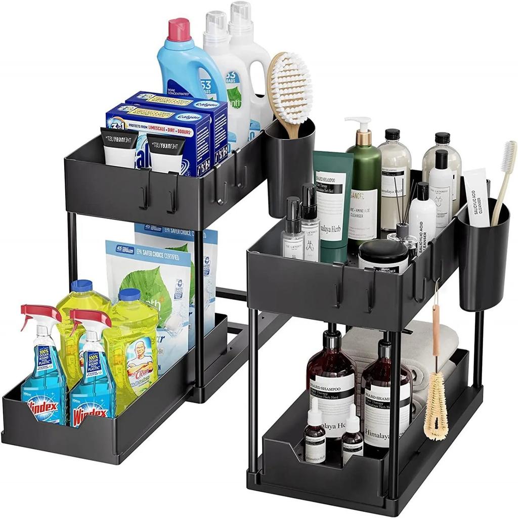 2-Tier Sliding Under Sink Organizer with Hooks & Hanging Cup by HitMyNeed