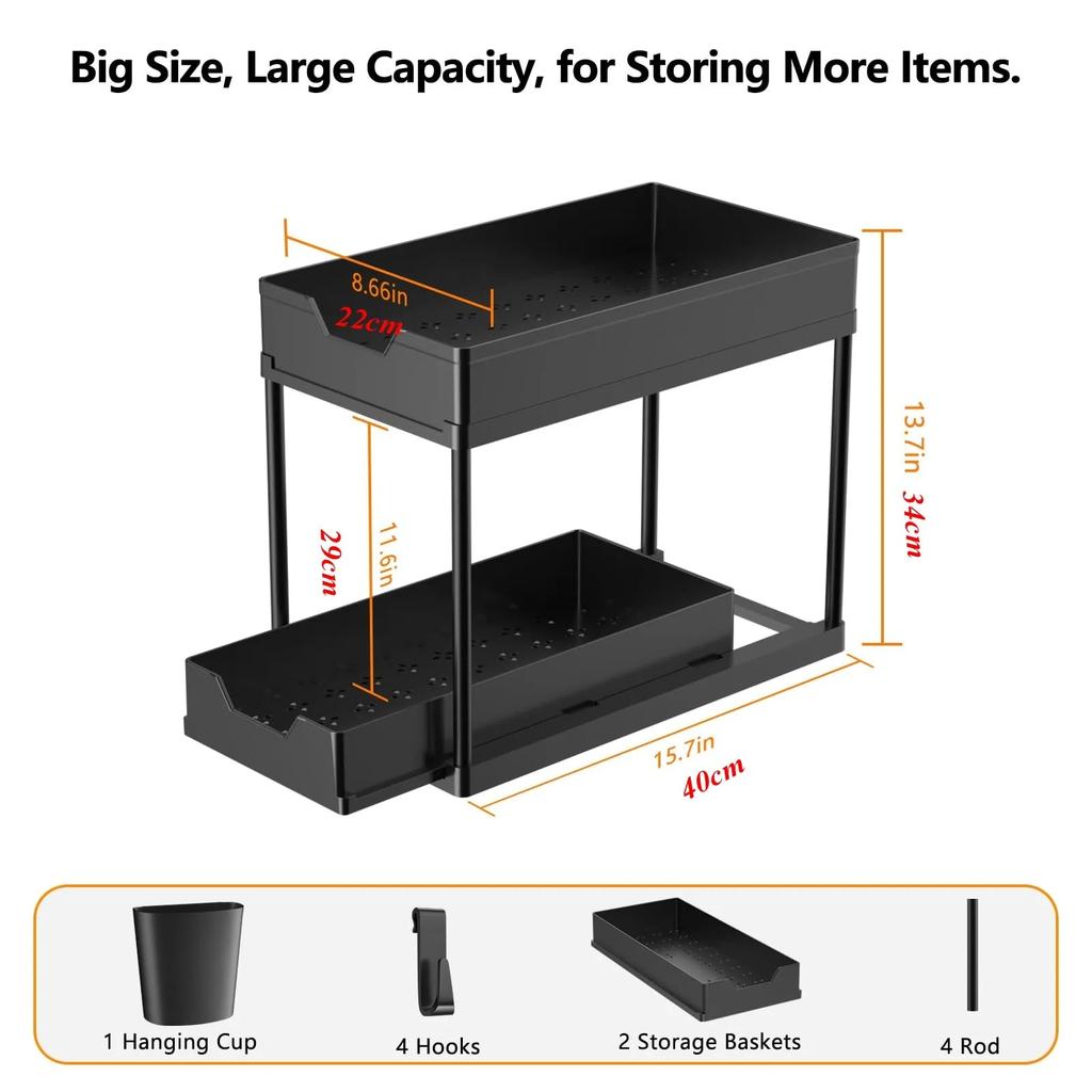 2-Tier Sliding Under Sink Organizer with Hooks & Hanging Cup by HitMyNeed