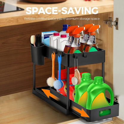 2-Tier Sliding Under Sink Organizer with Hooks & Hanging Cup by HitMyNeed