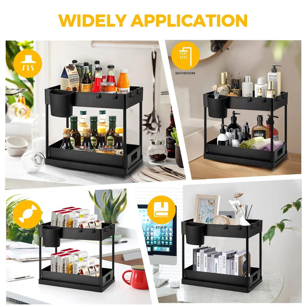 2-Tier Sliding Under Sink Organizer with Hooks & Hanging Cup by HitMyNeed