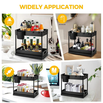 2-Tier Sliding Under Sink Organizer with Hooks & Hanging Cup by HitMyNeed