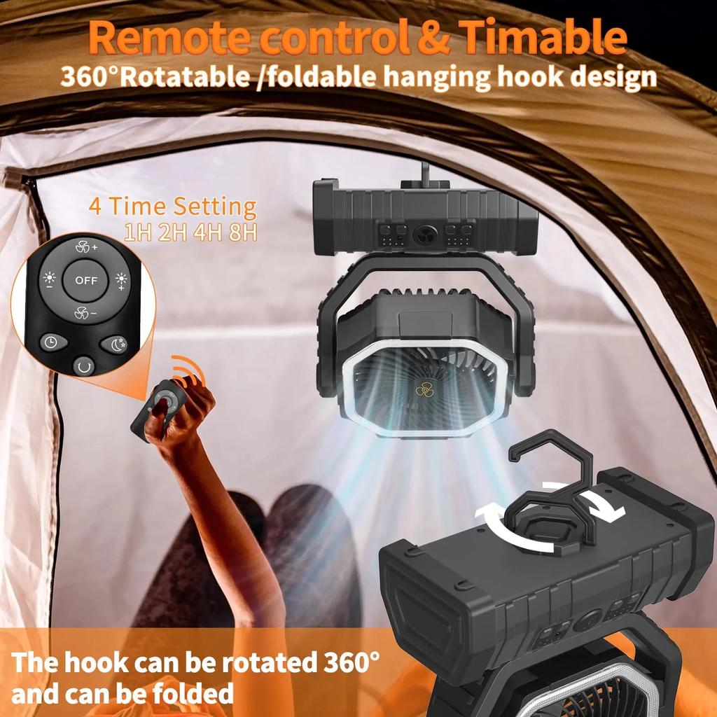 20000mAh Camping Fan with LED Light & Hook by HitMyNeed