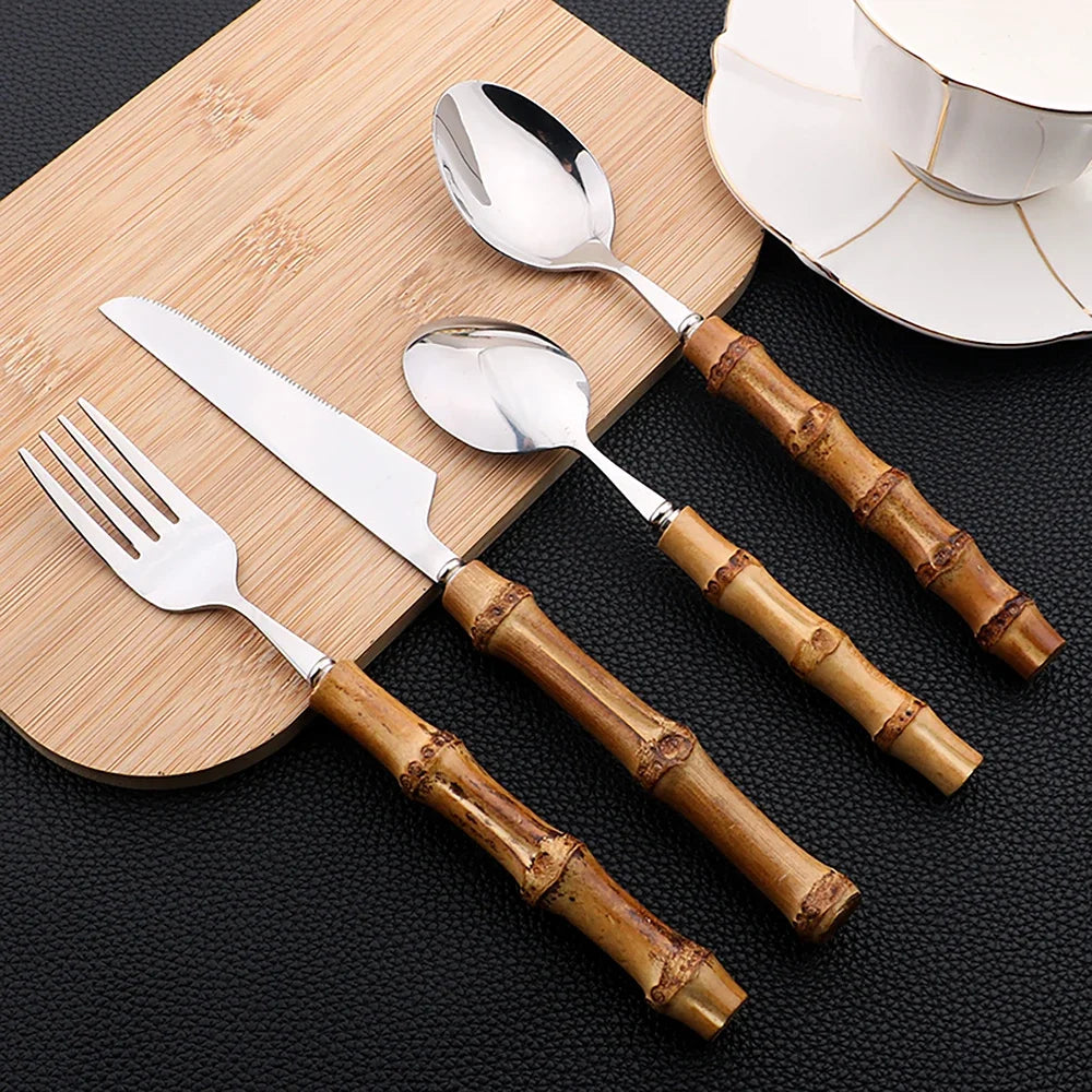 24-Piece Bamboo Handle Stainless Steel Cutlery Set by HitMyNeed