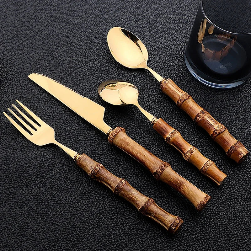 24-Piece Bamboo Handle Stainless Steel Cutlery Set by HitMyNeed