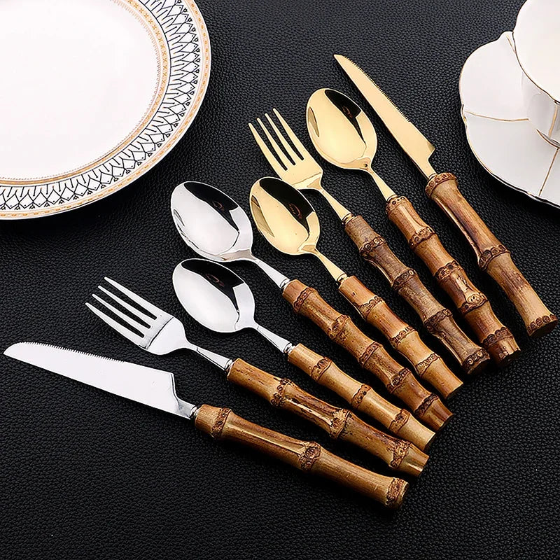 24-Piece Bamboo Handle Stainless Steel Cutlery Set by HitMyNeed
