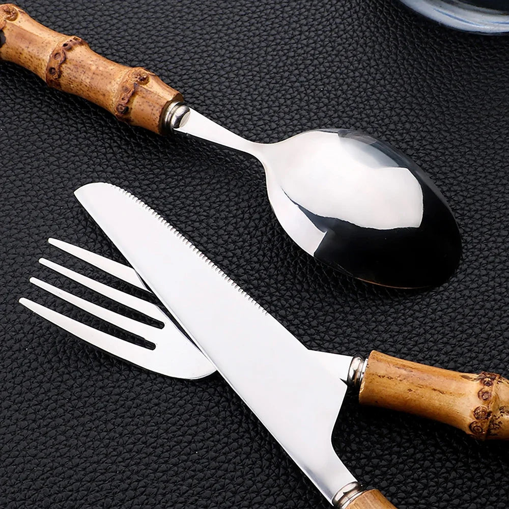 24-Piece Bamboo Handle Stainless Steel Cutlery Set by HitMyNeed