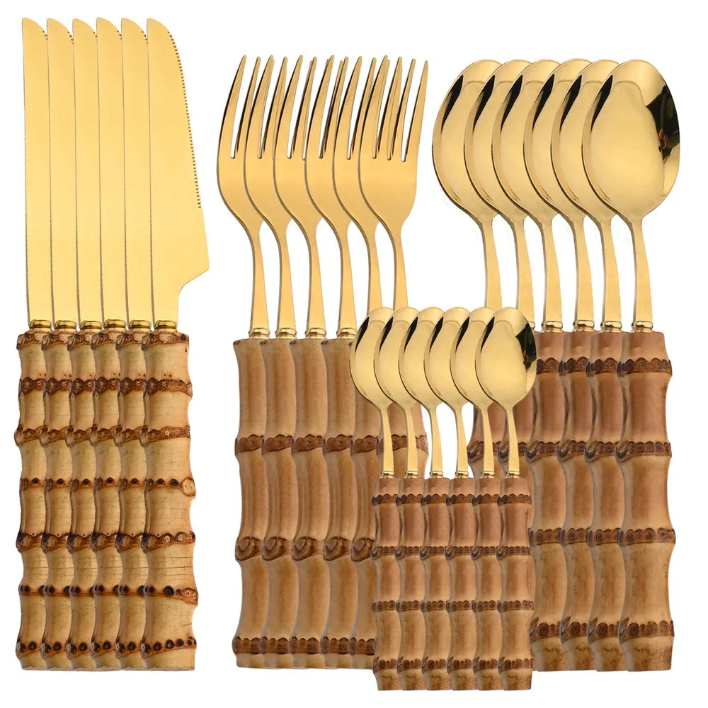 24-Piece Bamboo Handle Stainless Steel Cutlery Set gold-24pcs by HitMyNeed