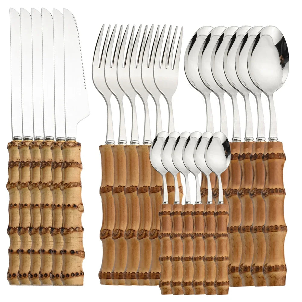 24-Piece Bamboo Handle Stainless Steel Cutlery Set silver-24pcs by HitMyNeed