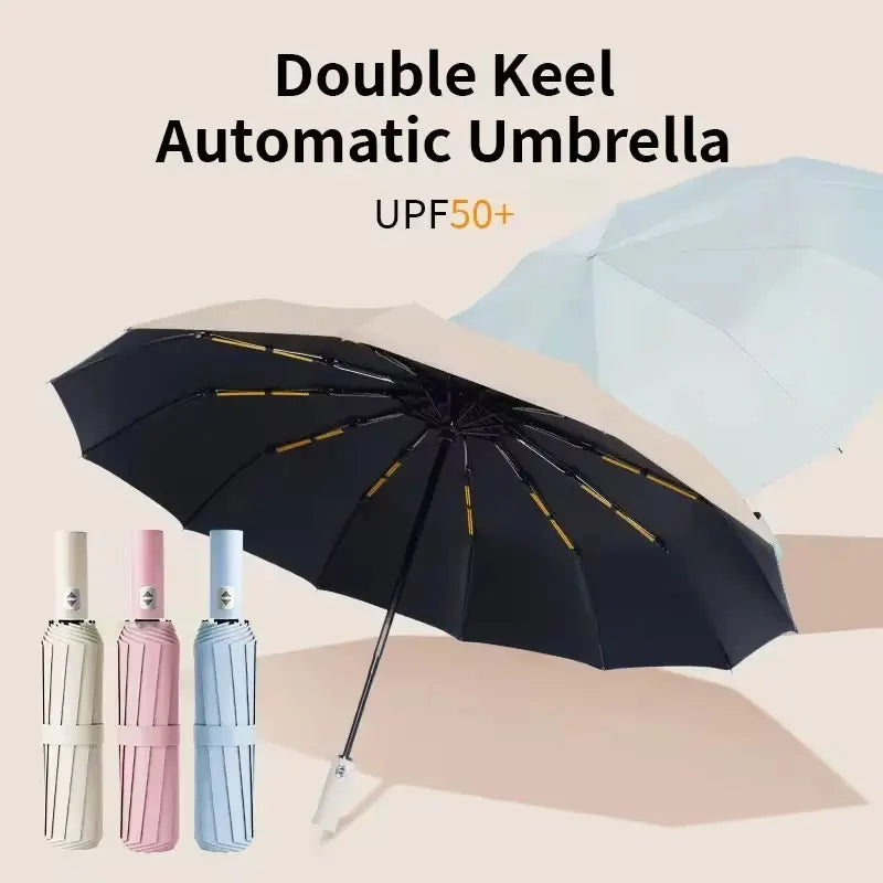 24-Rib Automatic UV Umbrella, Large Folding Sunshade by HitMyNeed