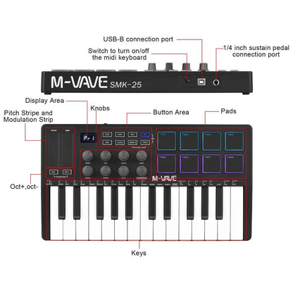 25-Key Mini MIDI Keyboard with Pads & Wireless by HitMyNeed
