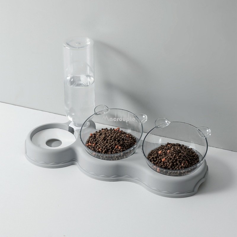 3-in-1 Cat & Dog Bowl with Water Fountain Stand gray by HitMyNeed