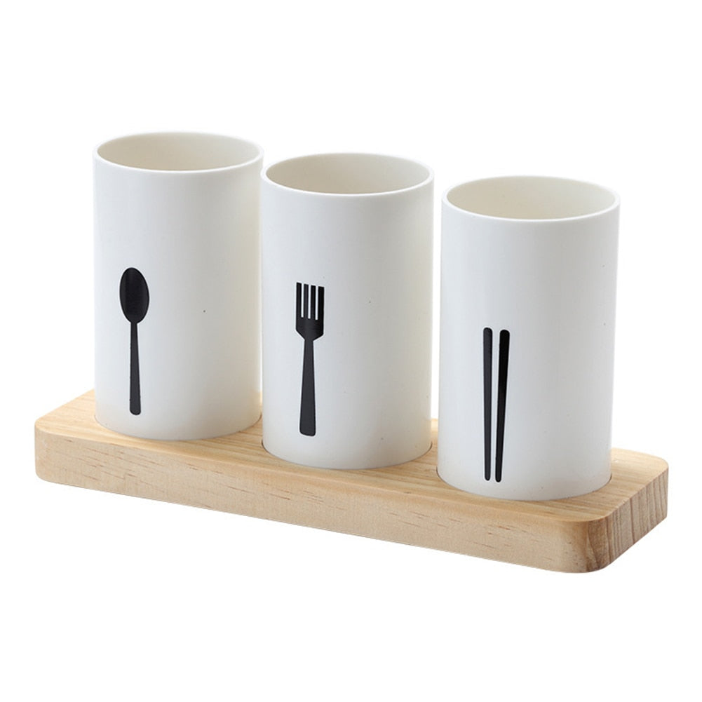 3 in 1 Cutlery Holder with Draining Cups & Wooden Base by HitMyNeed