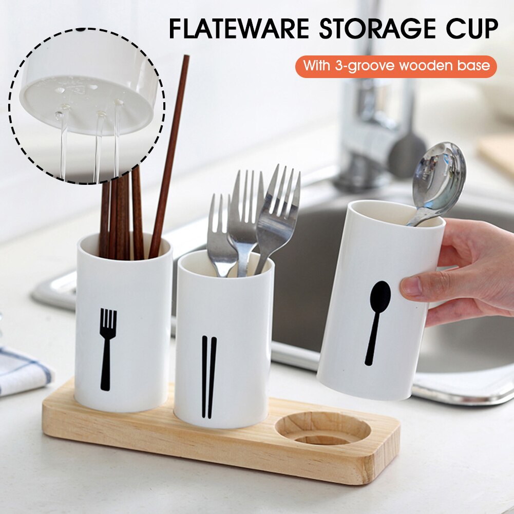 3 in 1 Cutlery Holder with Draining Cups & Wooden Base by HitMyNeed