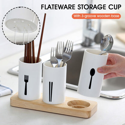 3 in 1 Cutlery Holder with Draining Cups & Wooden Base by HitMyNeed