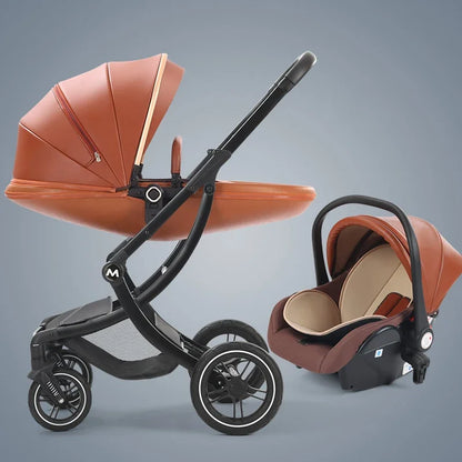 3-in-1 Leather Baby Stroller with Car Seat brown-3-in-1 by HitMyNeed