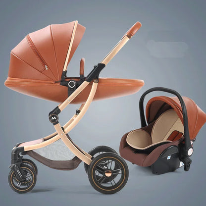 3-in-1 Leather Baby Stroller with Car Seat gold-brown-3-in-1 by HitMyNeed