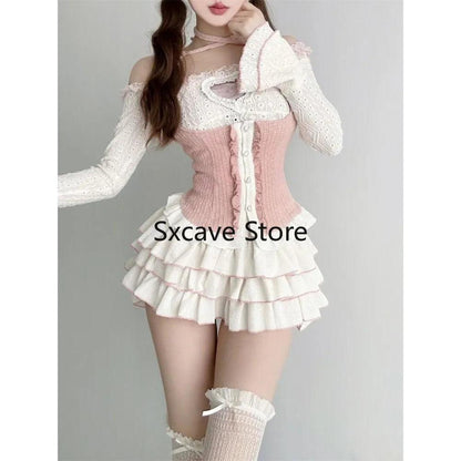 3-Piece Kawaii Y2K Skirt, Blouse & Vest Set by HitMyNeed
