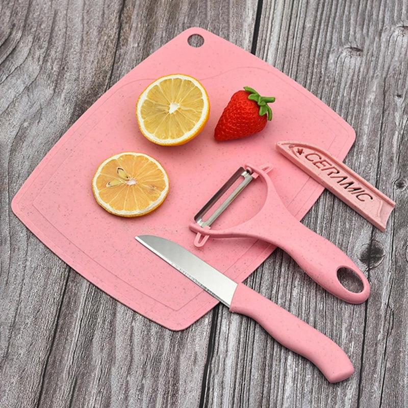 3‑Piece Stainless Steel Knife, Peeler & Board Set pink by HitMyNeed