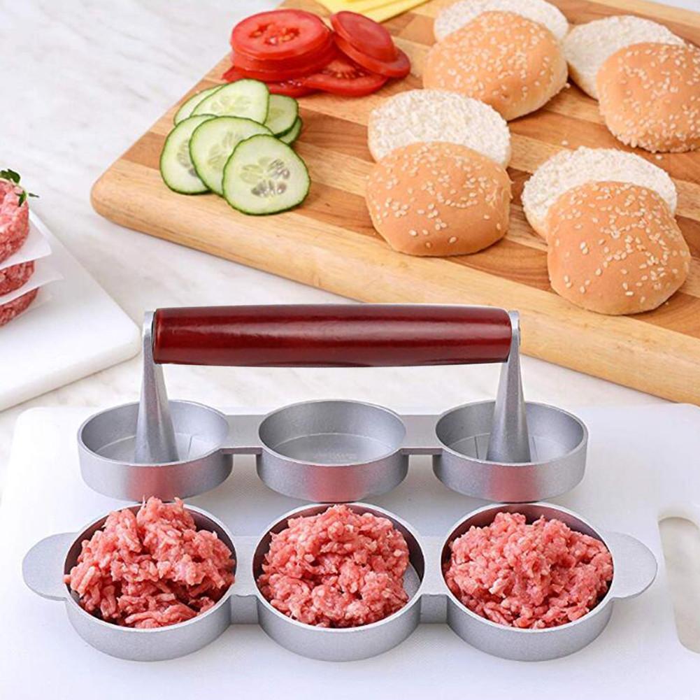 3-Slot Hamburger Patty Press with Wooden Handle by HitMyNeed