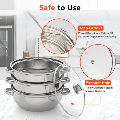 3-Tier 28cm Stainless Steel Steamer with Glass Lid by HitMyNeed