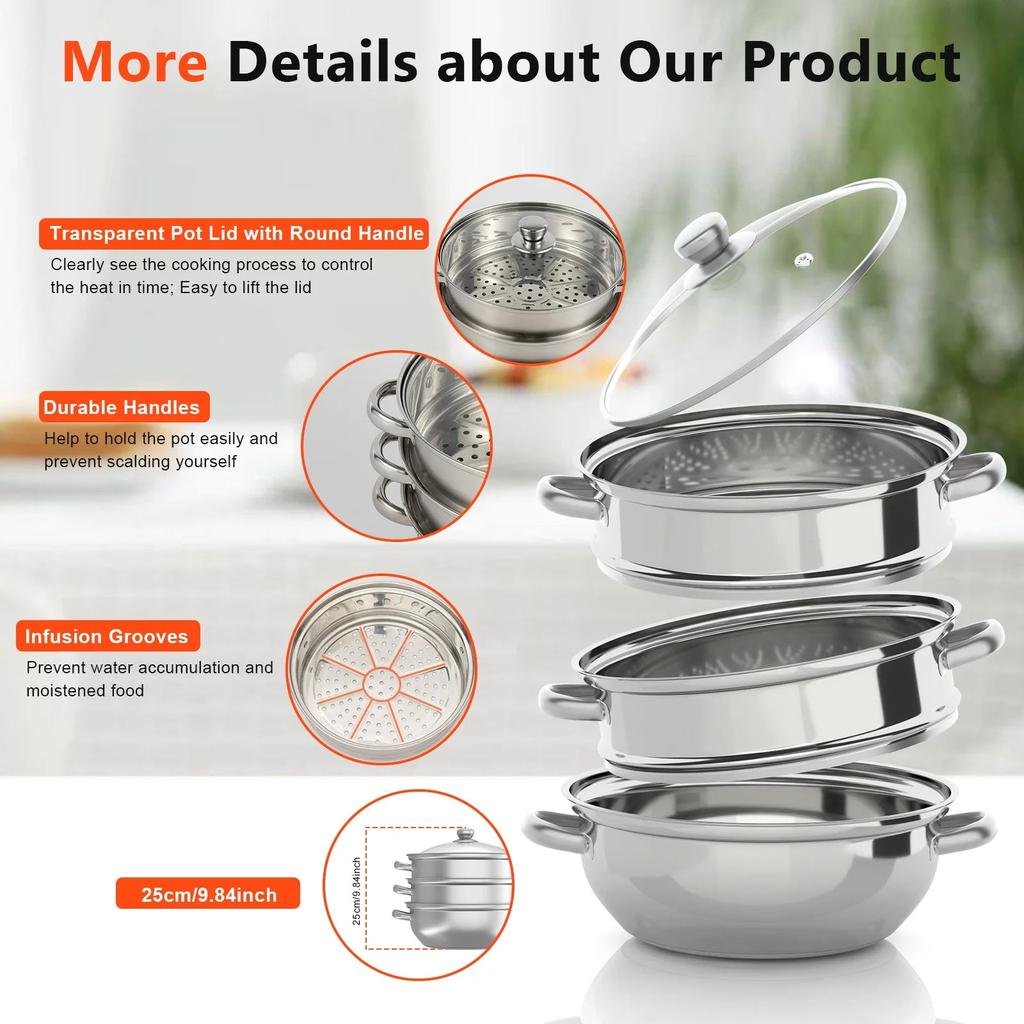 3-Tier 28cm Stainless Steel Steamer with Glass Lid by HitMyNeed