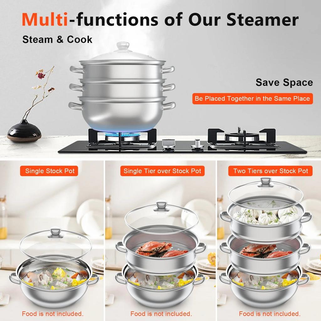 3-Tier 28cm Stainless Steel Steamer with Glass Lid by HitMyNeed