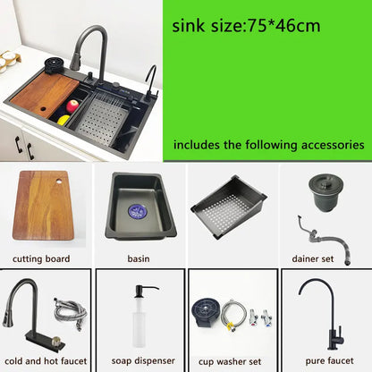 304 Stainless Steel Waterfall Kitchen Sink with LED Faucet by HitMyNeed