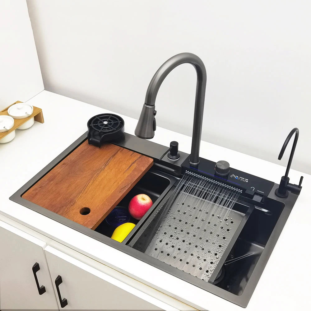 304 Stainless Steel Waterfall Kitchen Sink with LED Faucet by HitMyNeed