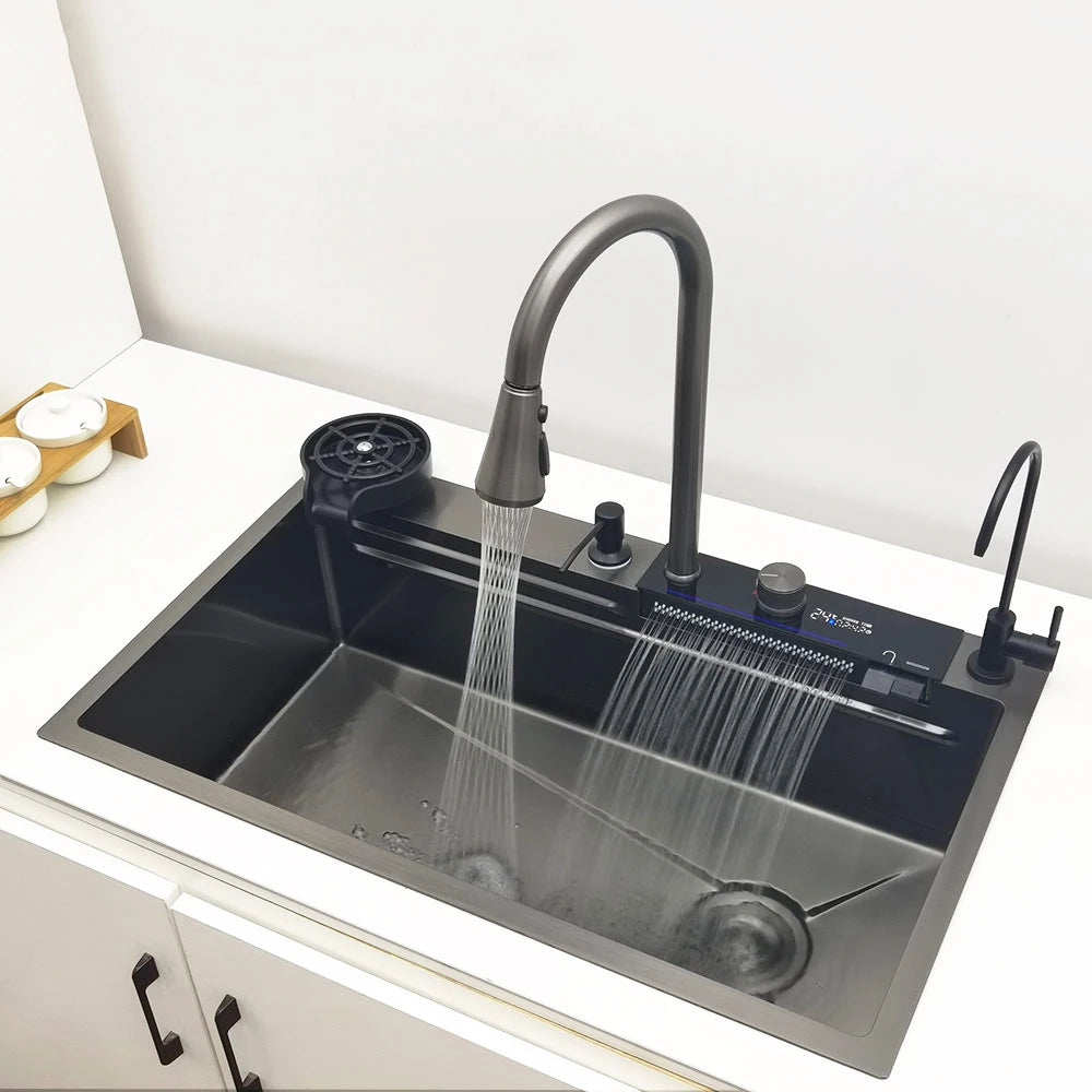 304 Stainless Steel Waterfall Kitchen Sink with LED Faucet by HitMyNeed