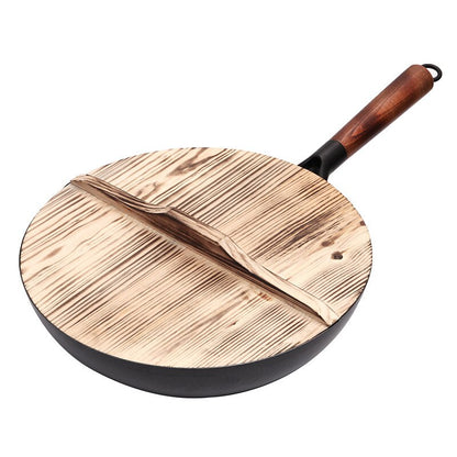 32cm Cast Iron Wok with Wooden Handle and Lid by HitMyNeed