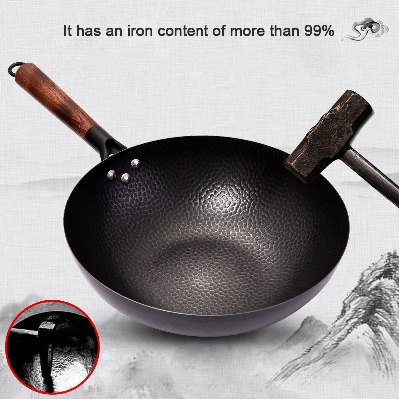 32cm Cast Iron Wok with Wooden Handle and Lid by HitMyNeed