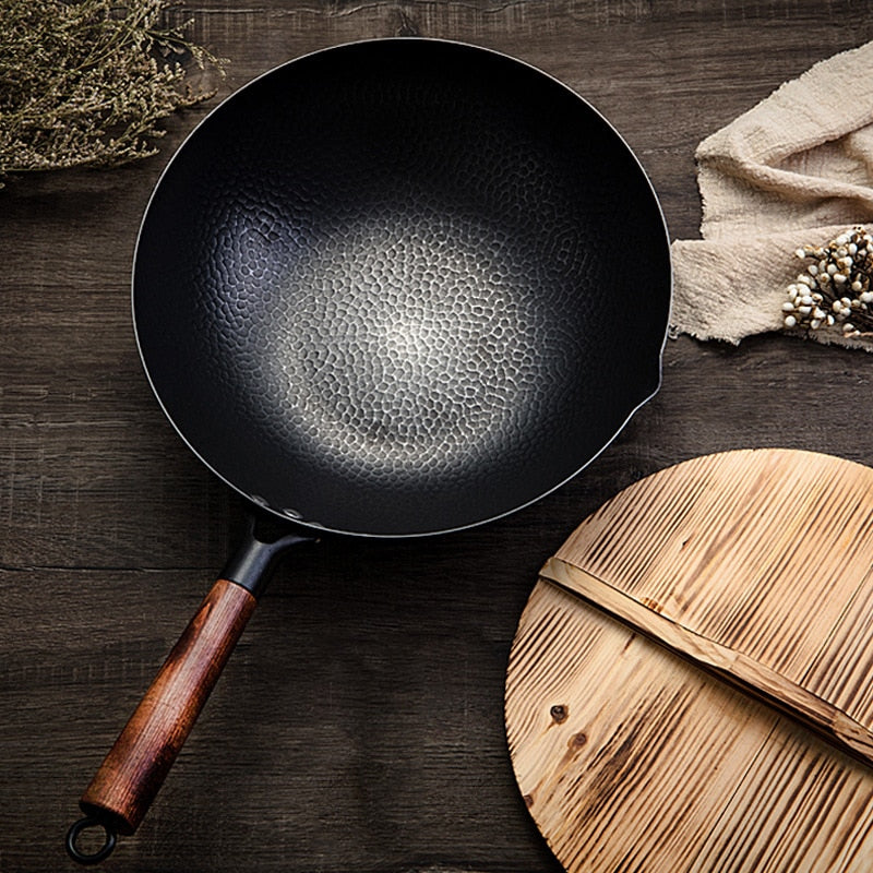 32cm Cast Iron Wok with Wooden Handle and Lid by HitMyNeed