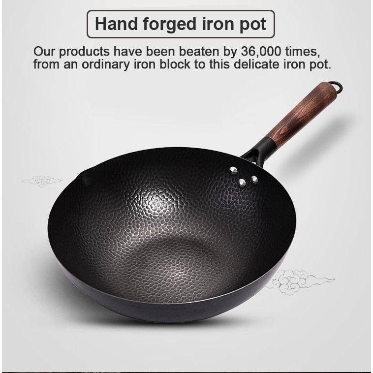 32cm Cast Iron Wok with Wooden Handle and Lid by HitMyNeed