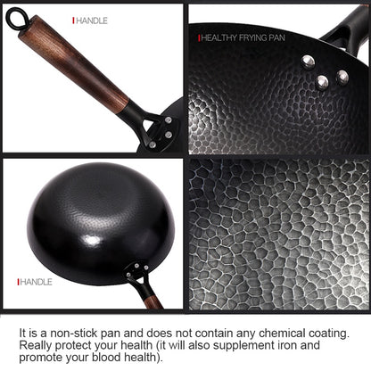 32cm Cast Iron Wok with Wooden Handle and Lid by HitMyNeed