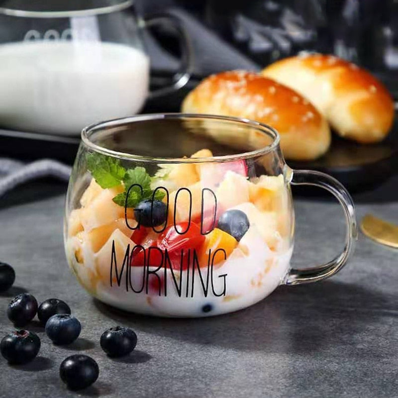 350ml Glass Good Morning Coffee Cup with Handle by HitMyNeed