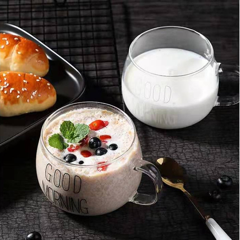350ml Glass Good Morning Coffee Cup with Handle by HitMyNeed