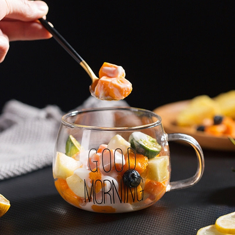 350ml Glass Good Morning Coffee Cup with Handle by HitMyNeed