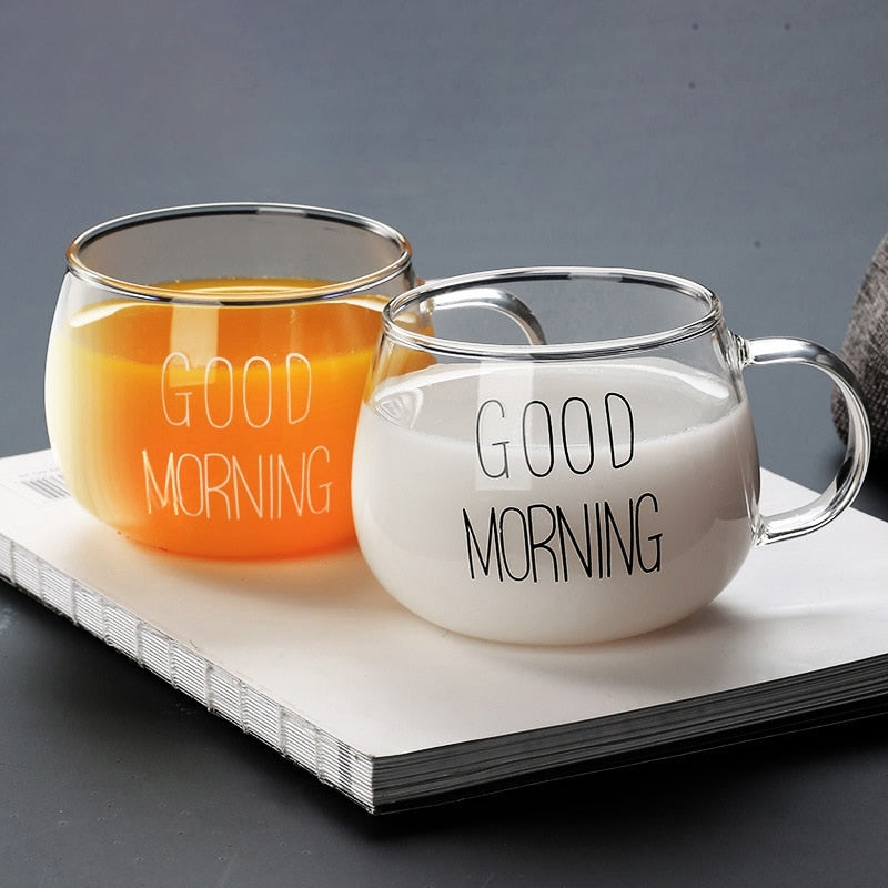 350ml Glass Good Morning Coffee Cup with Handle by HitMyNeed