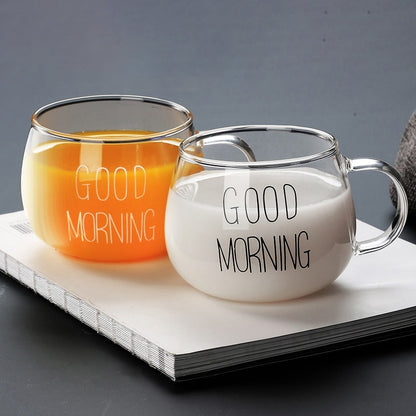 350ml Glass Good Morning Coffee Cup with Handle by HitMyNeed