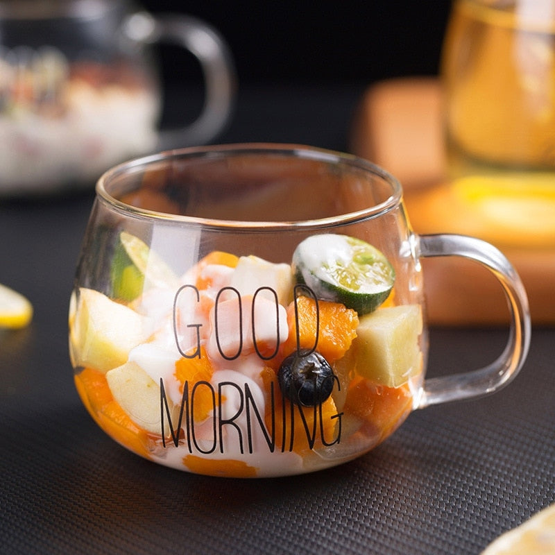 350ml Glass Good Morning Coffee Cup with Handle by HitMyNeed