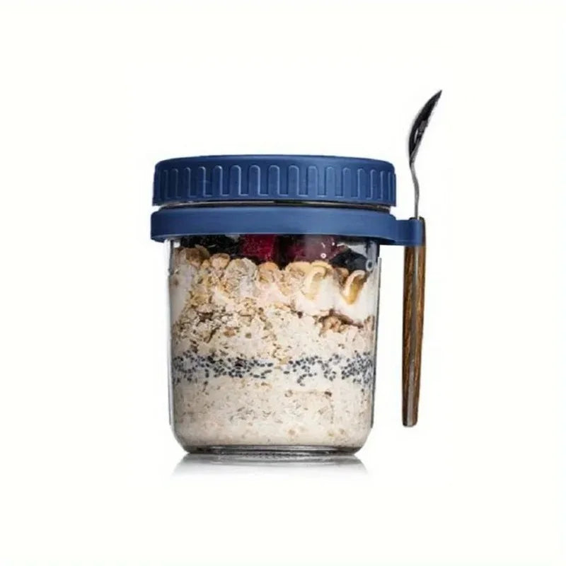 350ml Glass Overnight Oats Cup with Lid and Spoon blue by HitMyNeed
