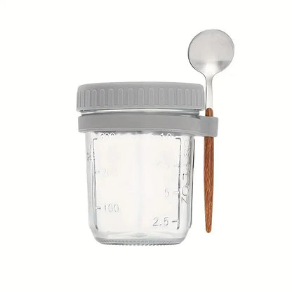 350ml Glass Overnight Oats Cup with Lid and Spoon grey by HitMyNeed