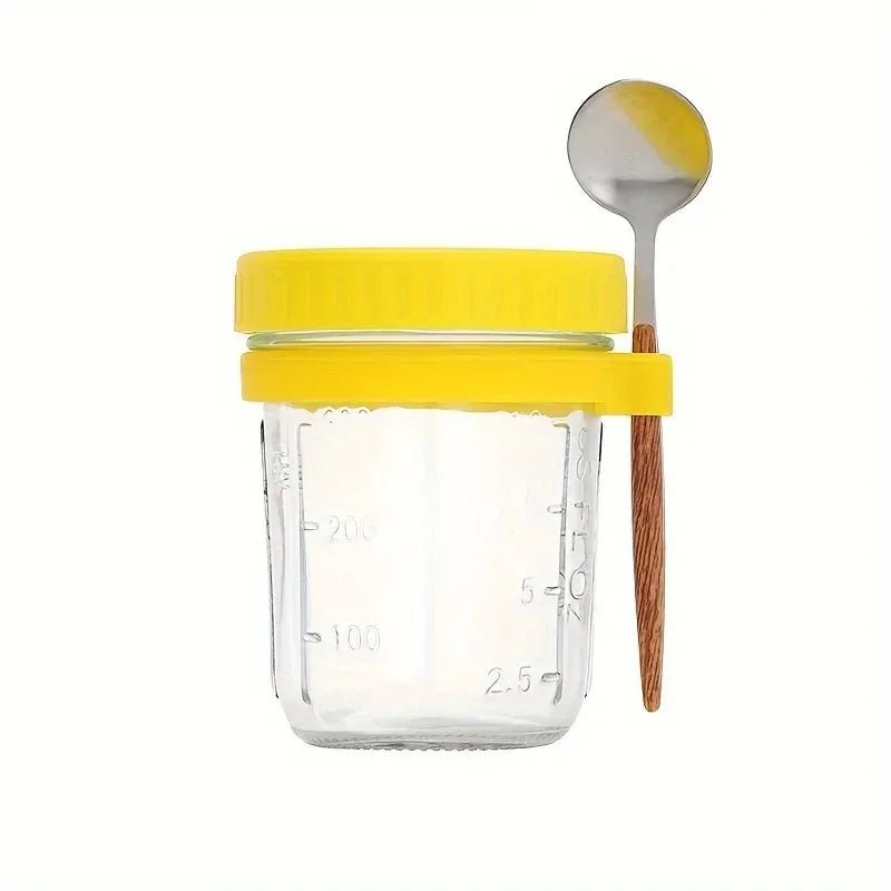350ml Glass Overnight Oats Cup with Lid and Spoon yellow by HitMyNeed