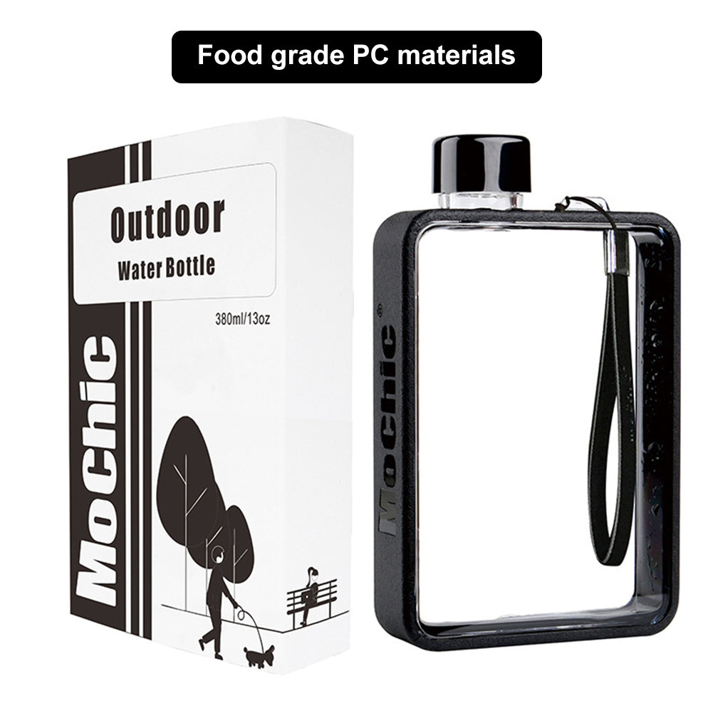 380ml Flat Square Water Bottle with Strap Black by HitMyNeed