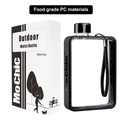 380ml Flat Square Water Bottle with Strap Black by HitMyNeed